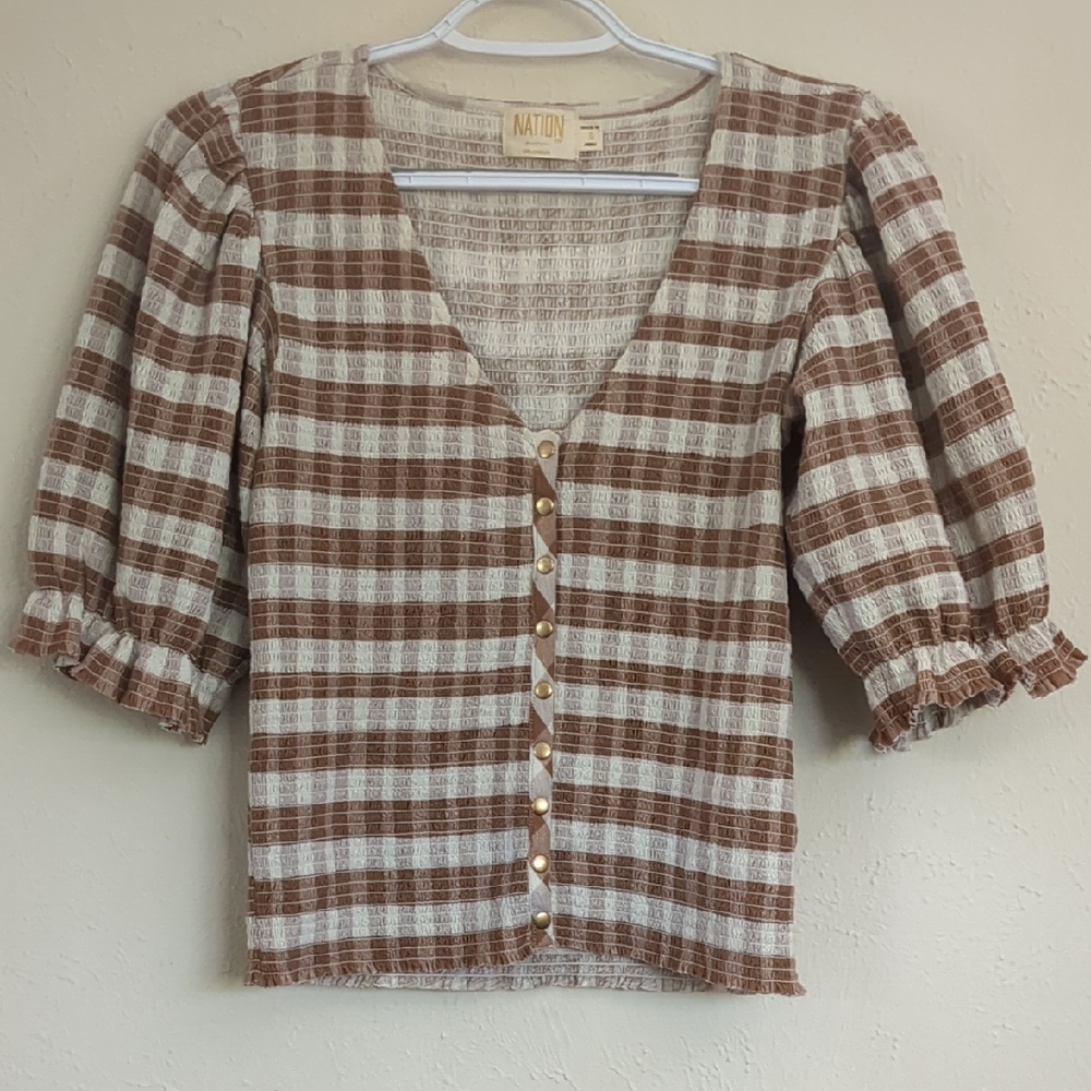 Nation LTD Brown and Cream Plaid Puff Sleeve Blouse